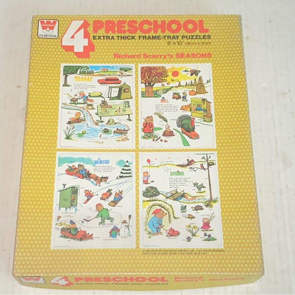 Vintage 1963 Richard Scarry's Seasons Extra Thick Frame Tray Puzzles Boxed Set
